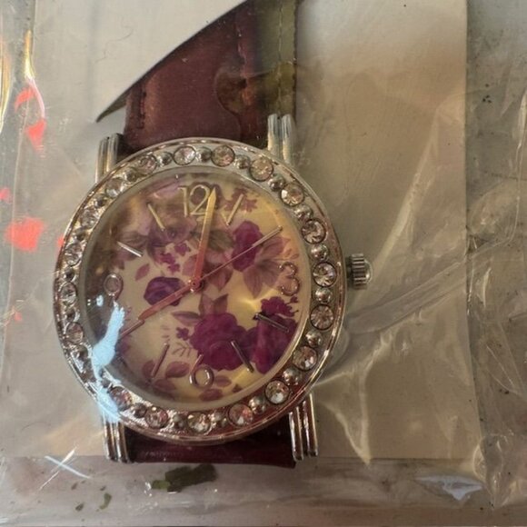 Designed By Toni Floral Watch With Rhinestone Bezel & Brown Leather Strap - Picture 2 of 5